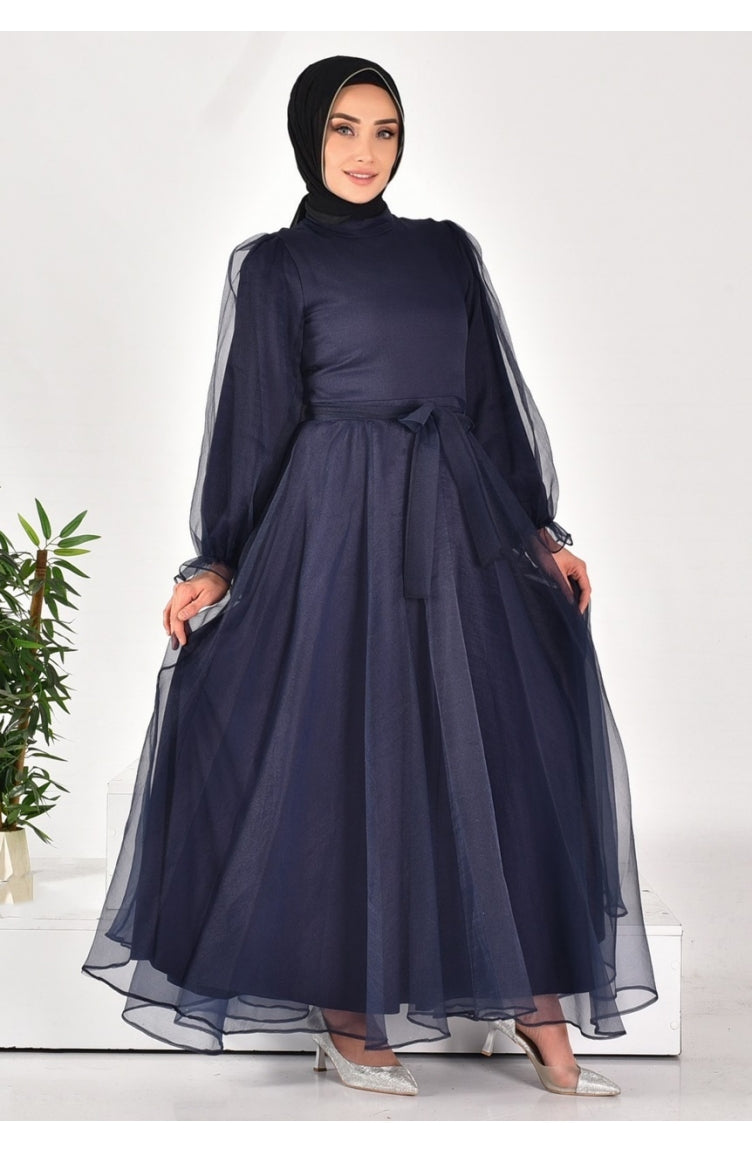 4384 Robe De Soirée Hijab à Ceinture En Tissu Dalya 4384-02 Bleu Marine 4384-02