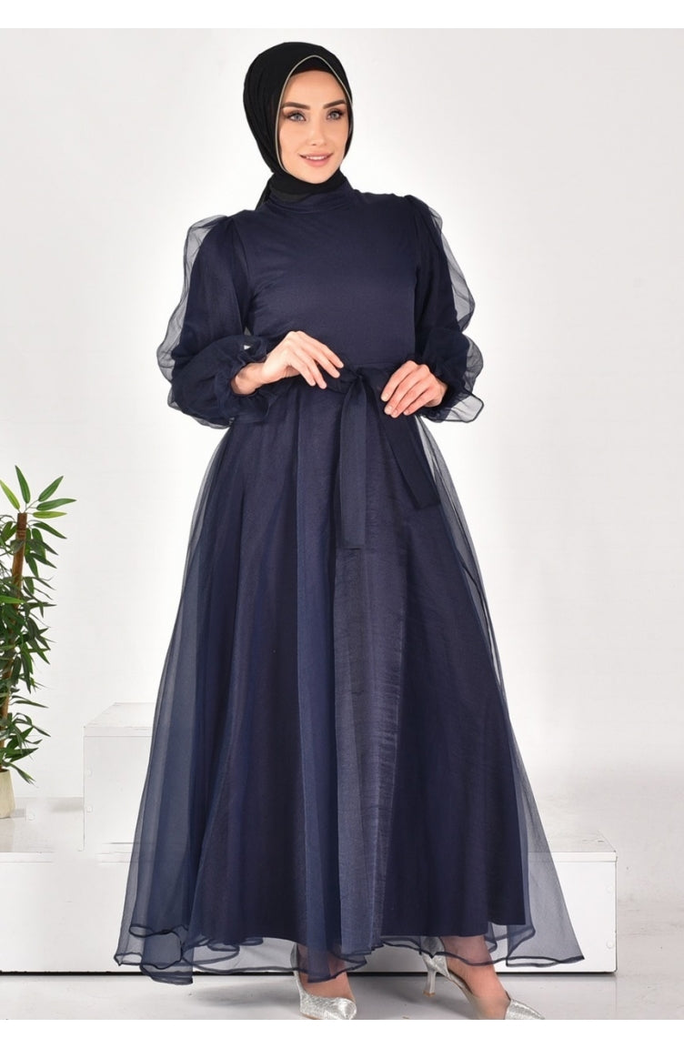 4384 Robe De Soirée Hijab à Ceinture En Tissu Dalya 4384-02 Bleu Marine 4384-02