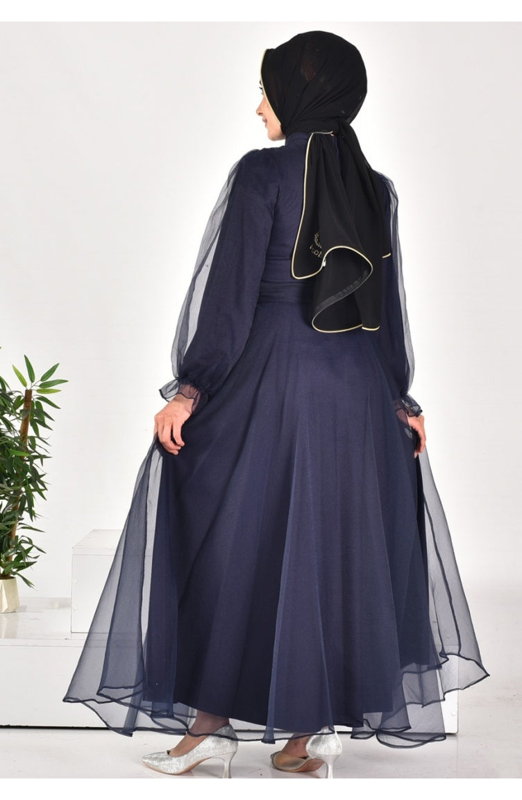 4384 Robe De Soirée Hijab à Ceinture En Tissu Dalya 4384-02 Bleu Marine 4384-02