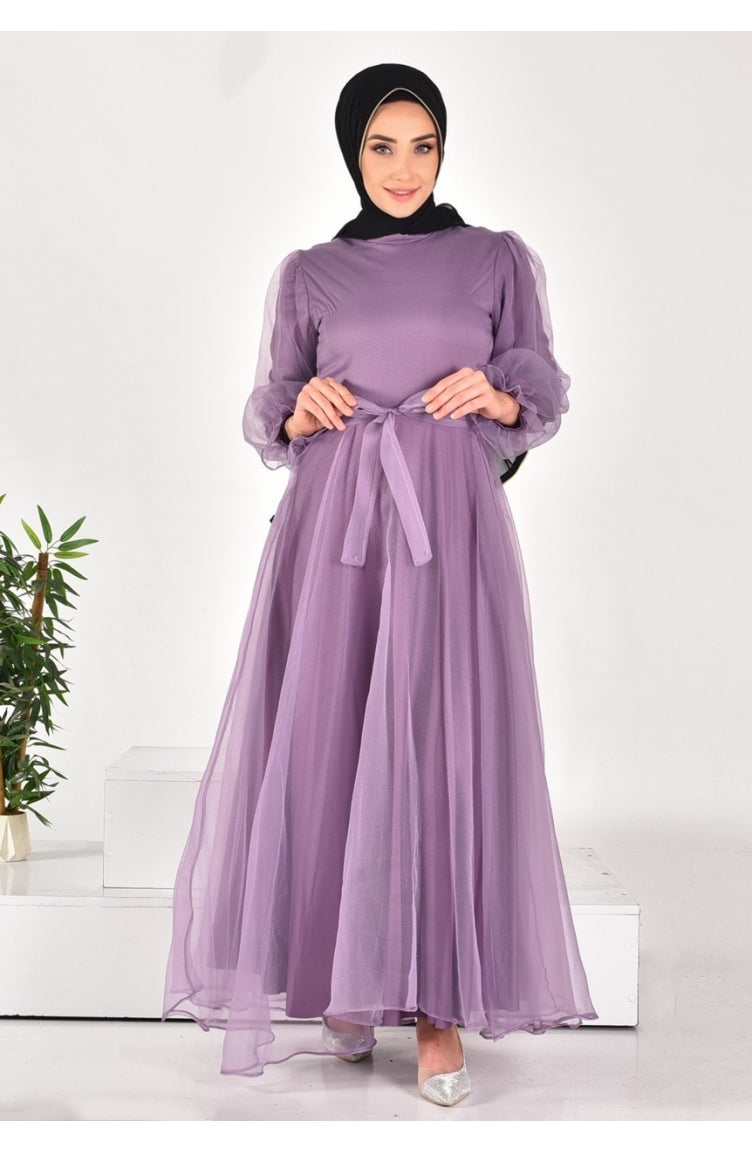 4384 Robe De Soirée Hijab à Ceinture En Tissu Dalya 4384-03 Lilas 4384-03