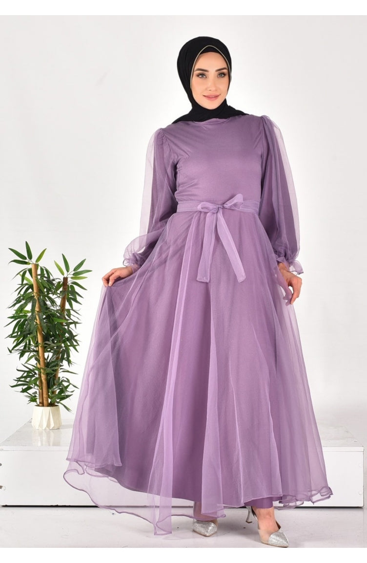 4384 Robe De Soirée Hijab à Ceinture En Tissu Dalya 4384-03 Lilas 4384-03