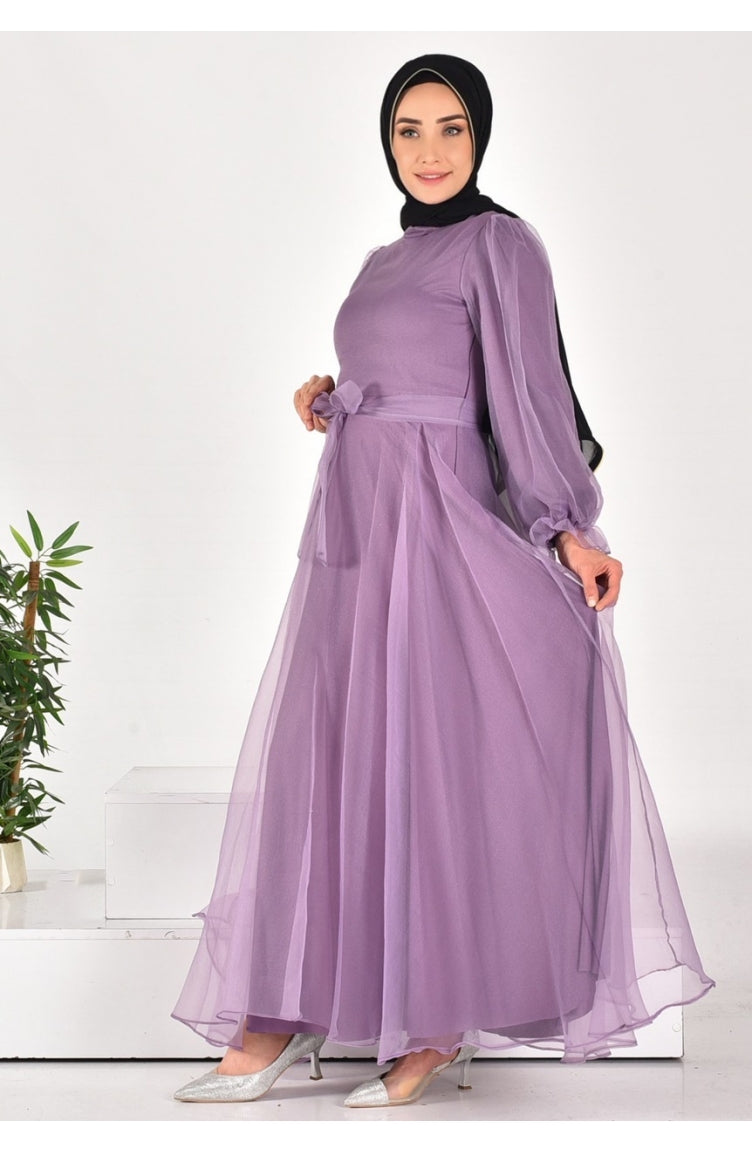 4384 Robe De Soirée Hijab à Ceinture En Tissu Dalya 4384-03 Lilas 4384-03