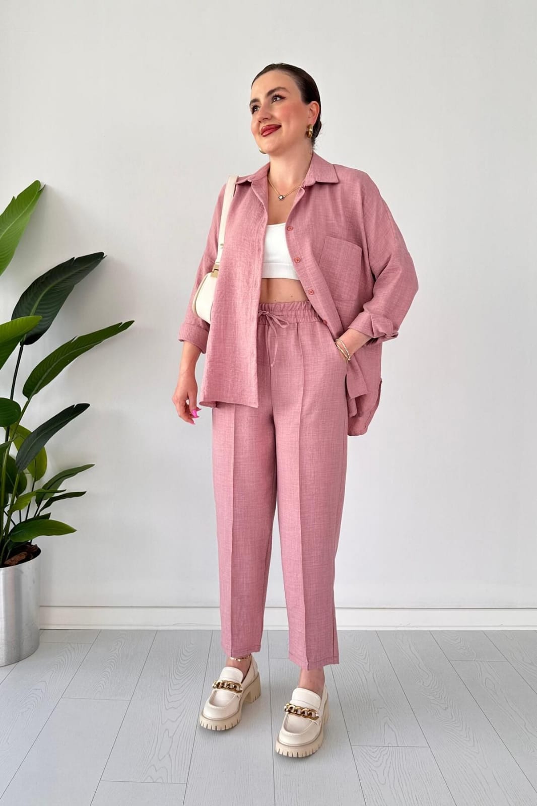 Ensemble deux pièces en lin rose poudré