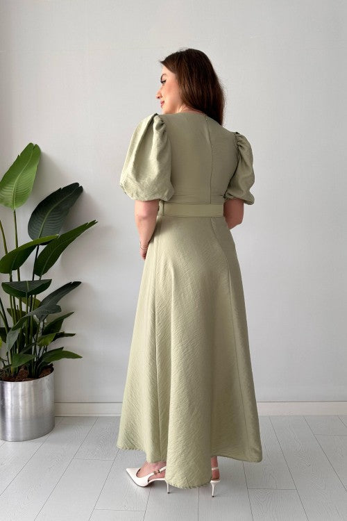 Robe ceinturée à manches ballon menthe