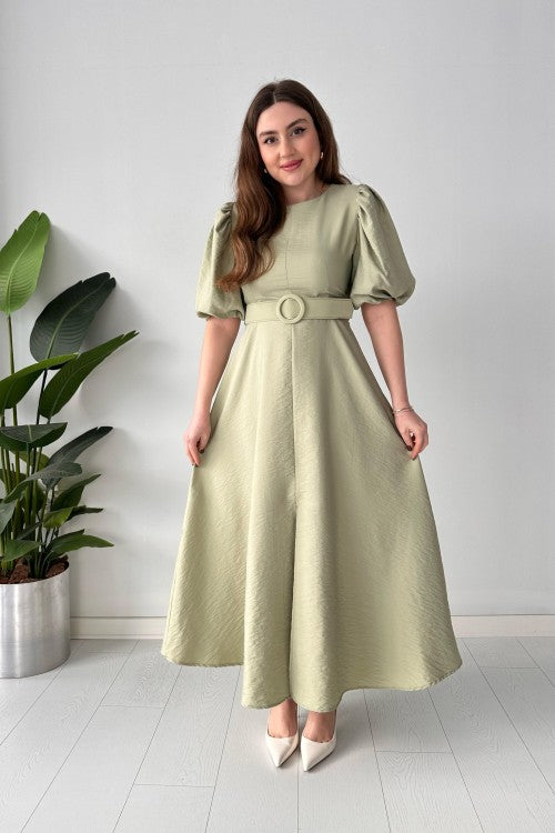Robe ceinturée à manches ballon menthe