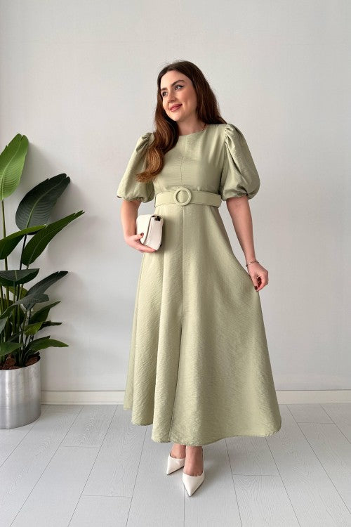 Robe ceinturée à manches ballon menthe