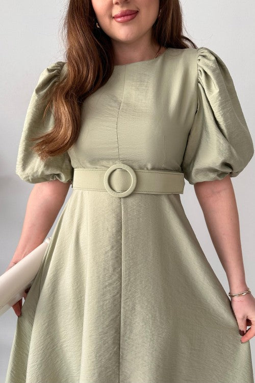 Robe ceinturée à manches ballon menthe