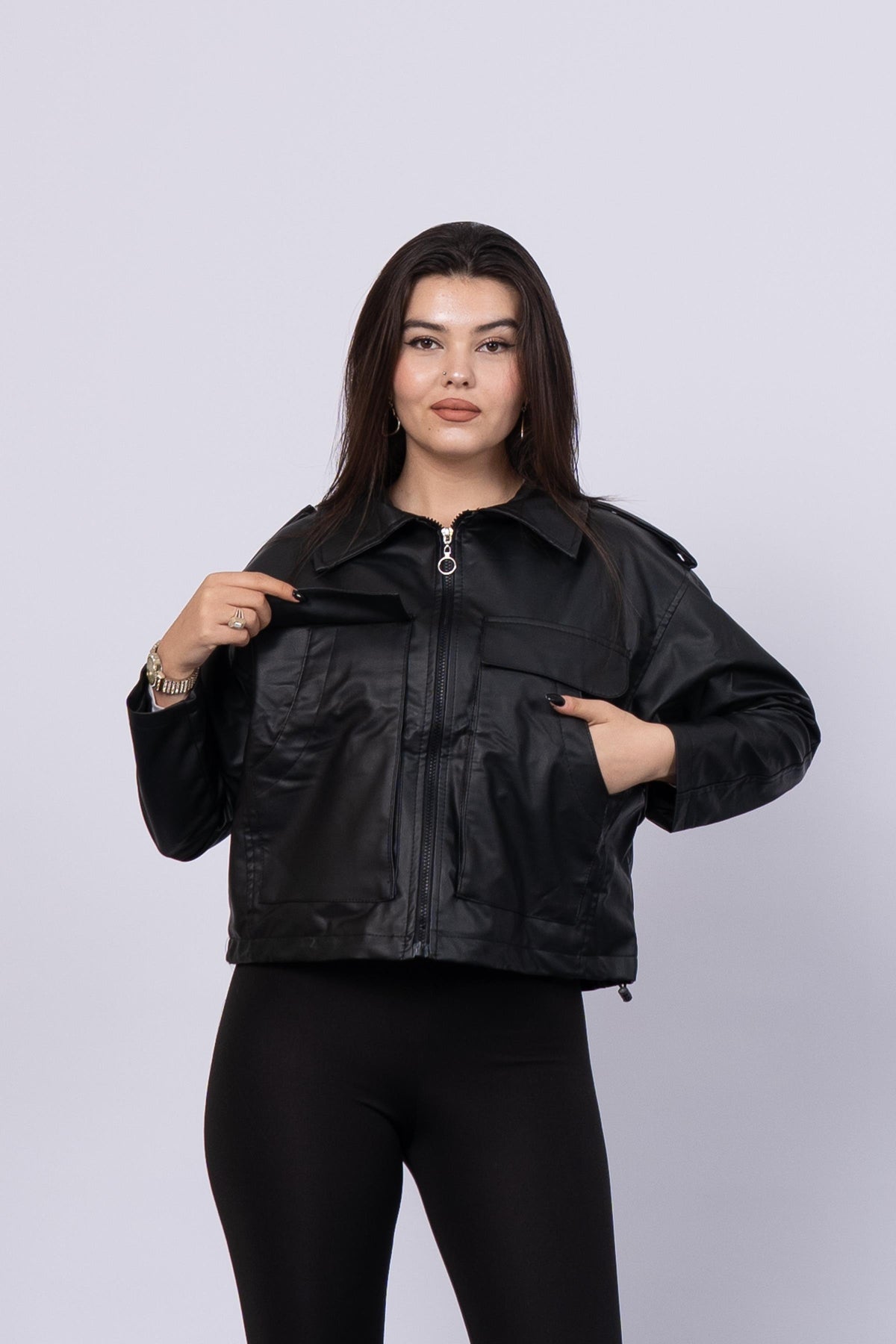 Büyük Cepli Trend Deri Ceket Mont 1041