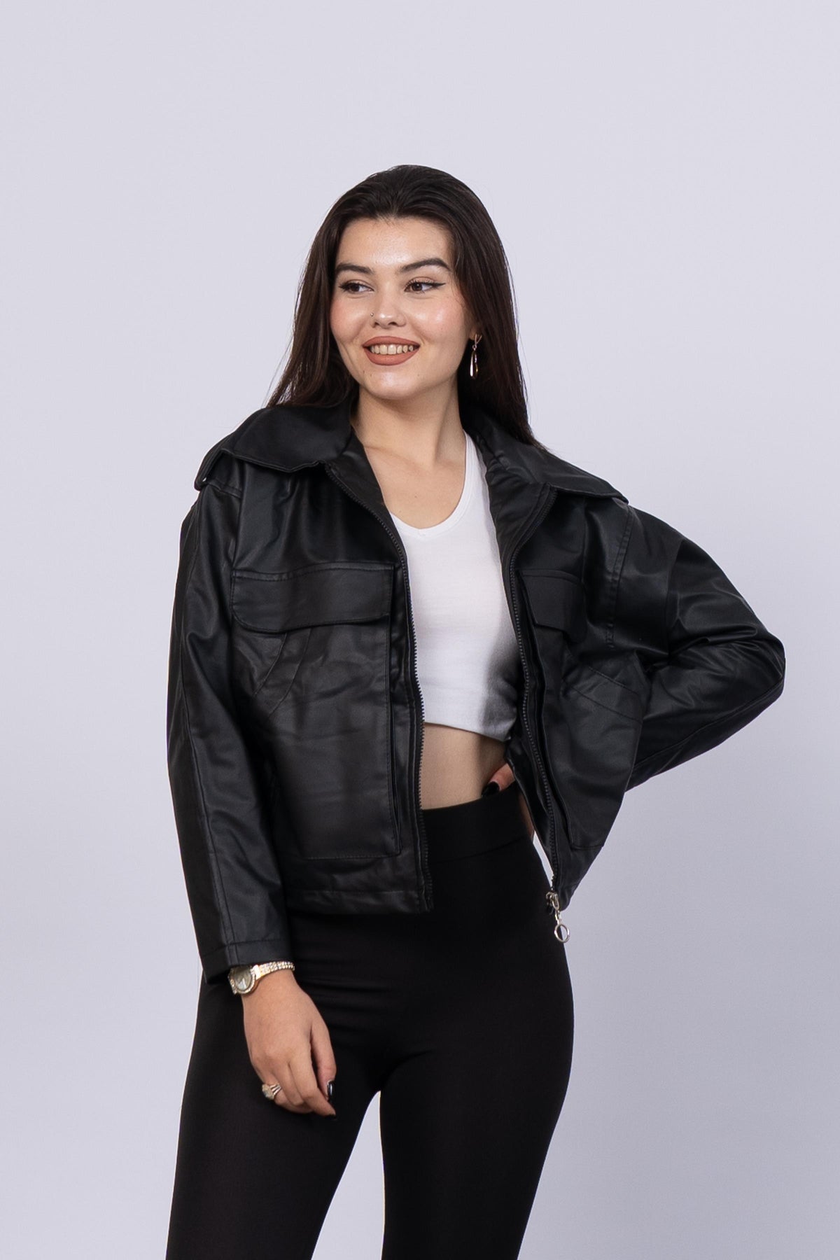 Büyük Cepli Trend Deri Ceket Mont 1041