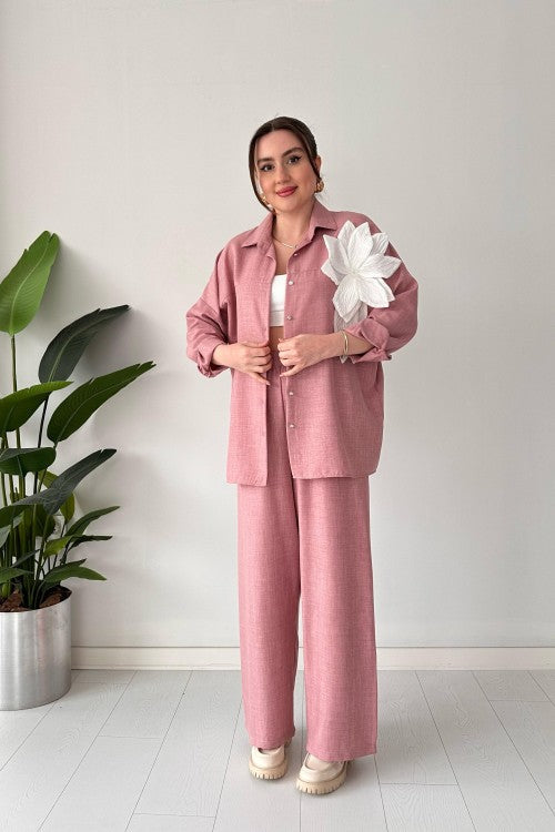 Costume en lin à grandes fleurs Poudre