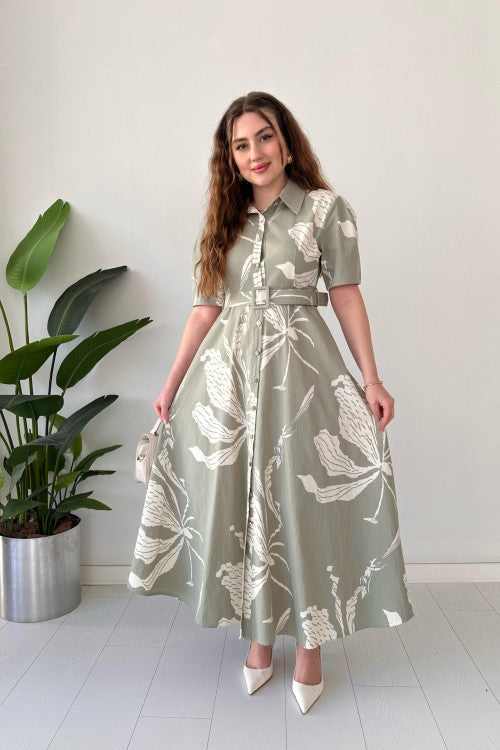 Robe en popeline à grands motifs menthe