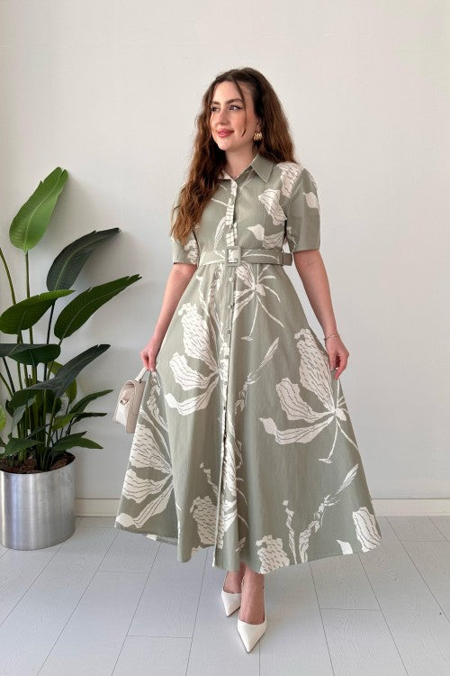 Robe en popeline à grands motifs menthe