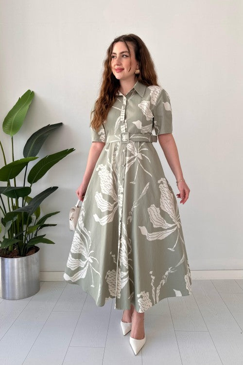Robe en popeline à grands motifs menthe