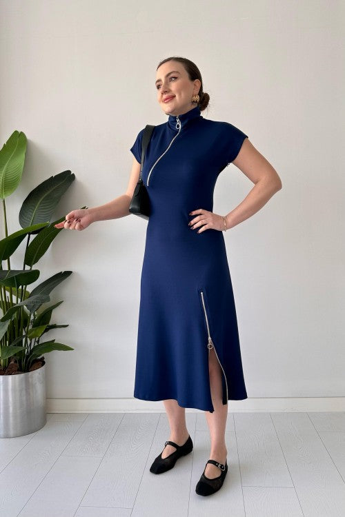 Robe en modal à double fermeture éclair bleu marine