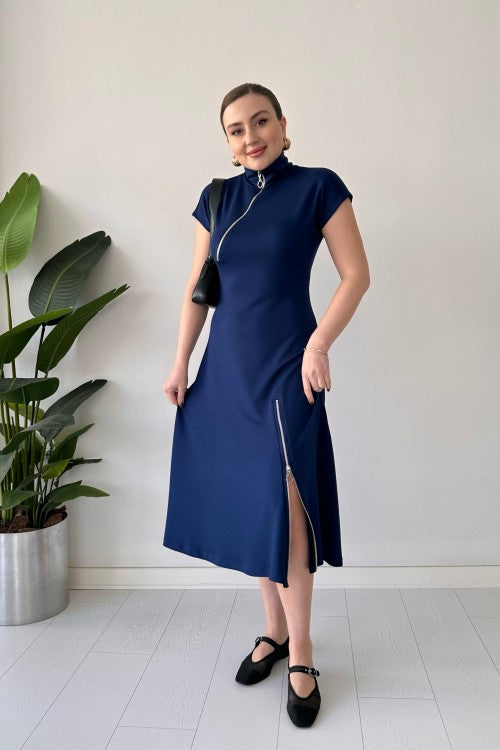 Robe en modal à double fermeture éclair bleu marine