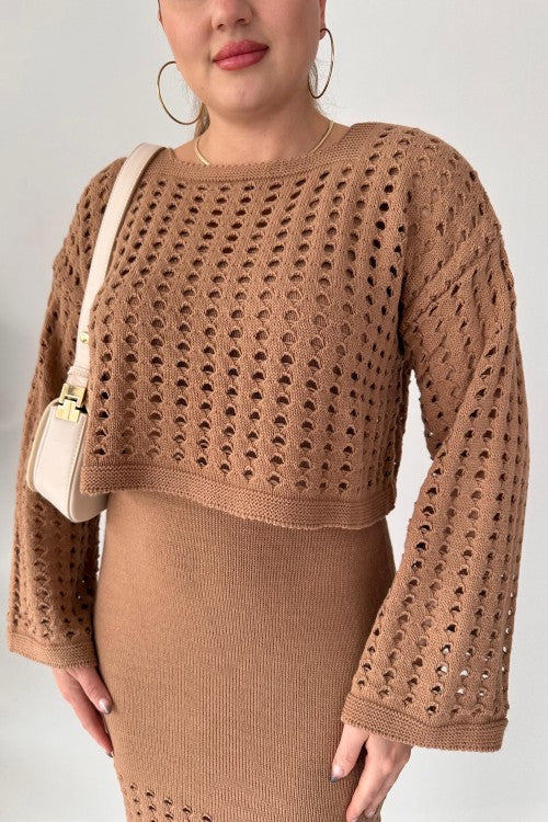 Ensemble robe tricotée à trous Camel