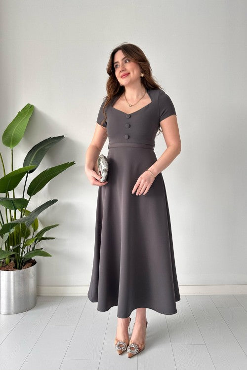Robe unie ceinturée anthracite