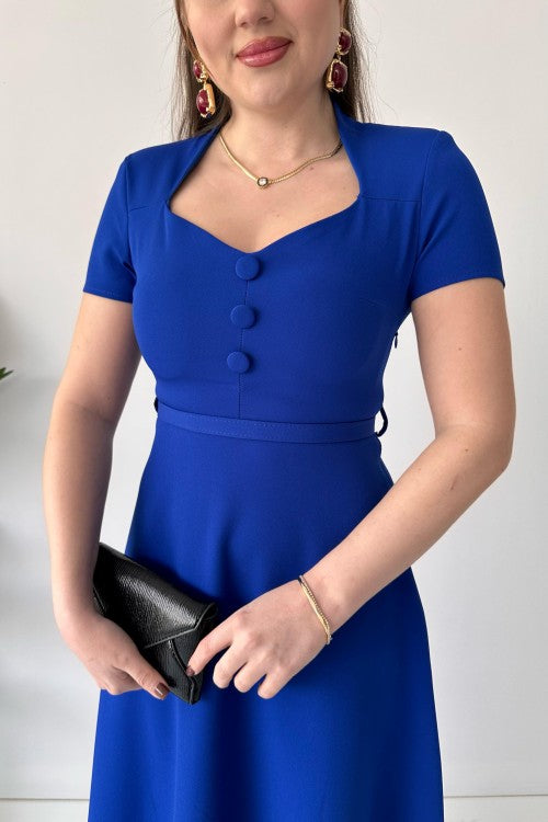 Robe unie ceinturée bleu saxon