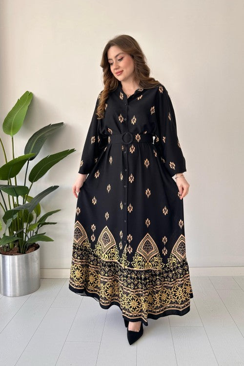 Robe ceinturée avec jupe à motifs noire