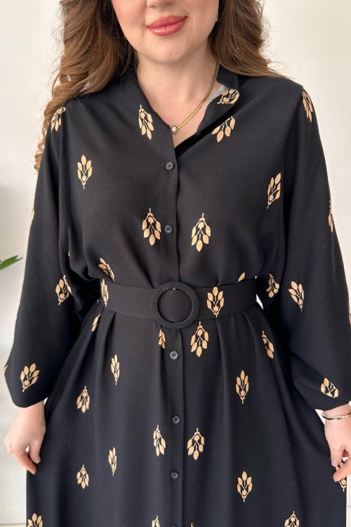 Robe ceinturée avec jupe à motifs noire