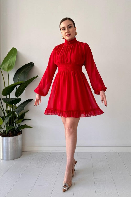 Robe en mousseline avec jupe à volants rouge