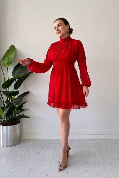 Robe en mousseline avec jupe à volants rouge
