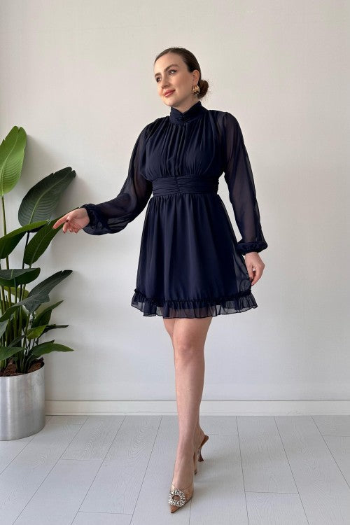 Robe en mousseline avec jupe à volants bleu marine