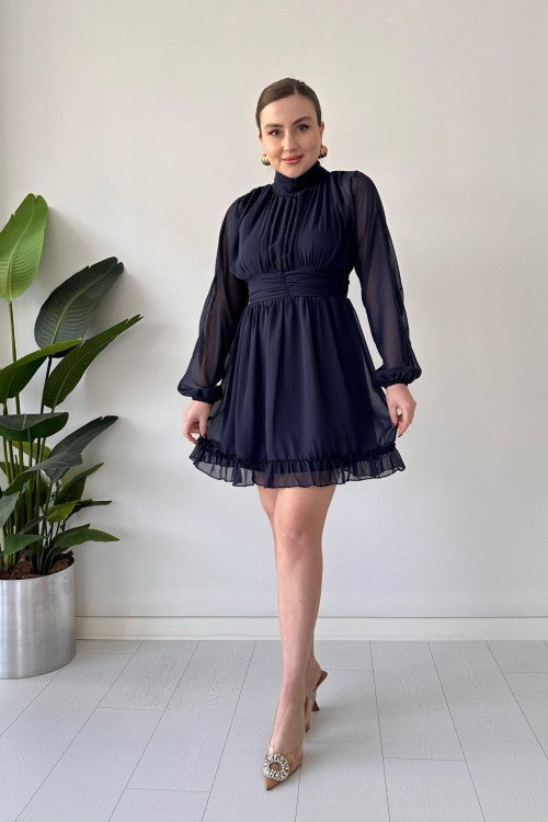 Robe en mousseline avec jupe à volants bleu marine