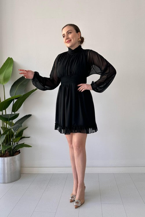 Robe en mousseline avec jupe à volants noire