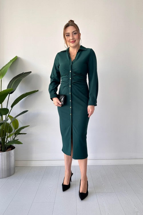Robe chemise froncée sur la poitrine émeraude