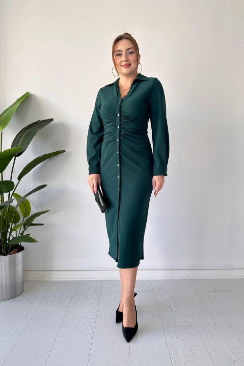 Robe chemise froncée sur la poitrine émeraude