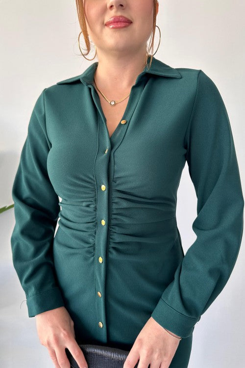 Robe chemise froncée sur la poitrine émeraude