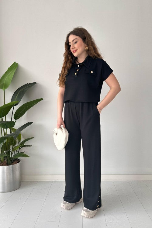 Costume en modal à boutons dorés noir
