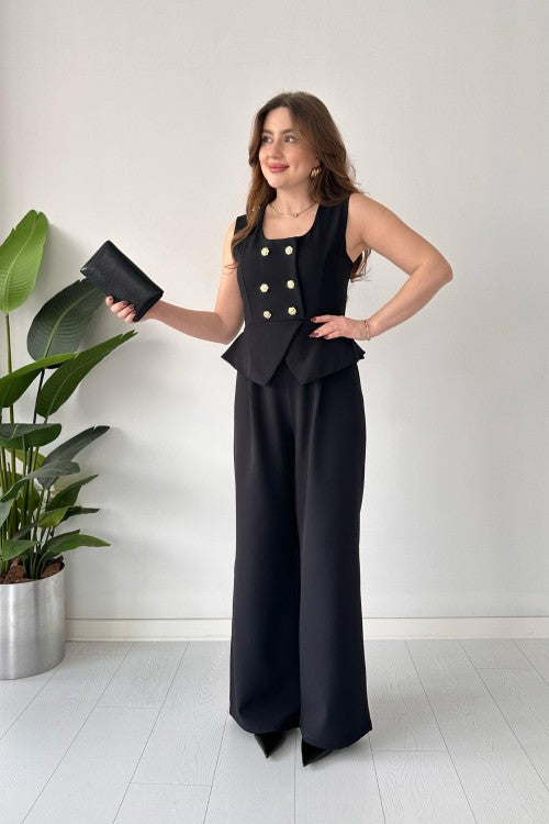 Combinaison boutonnée dorée noire