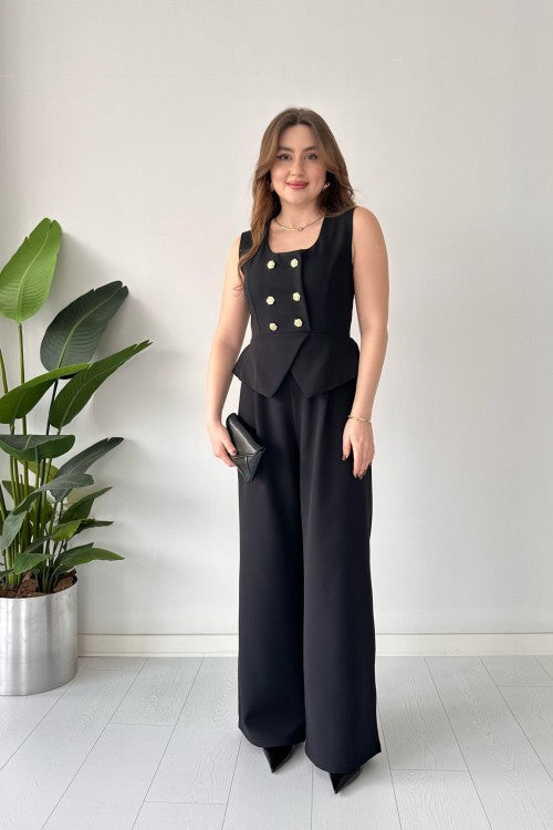 Combinaison boutonnée dorée noire