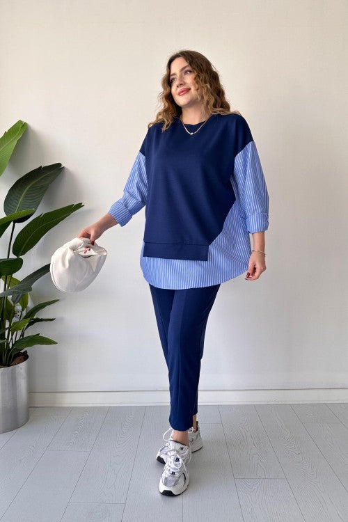 Costume en modal avec détails de chemise bleu marine