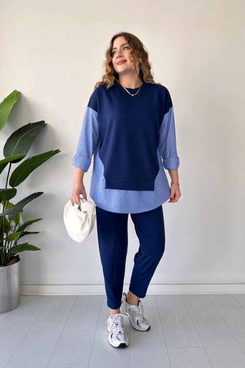 Costume en modal avec détails de chemise bleu marine