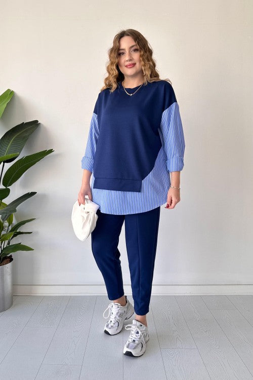 Costume en modal avec détails de chemise bleu marine