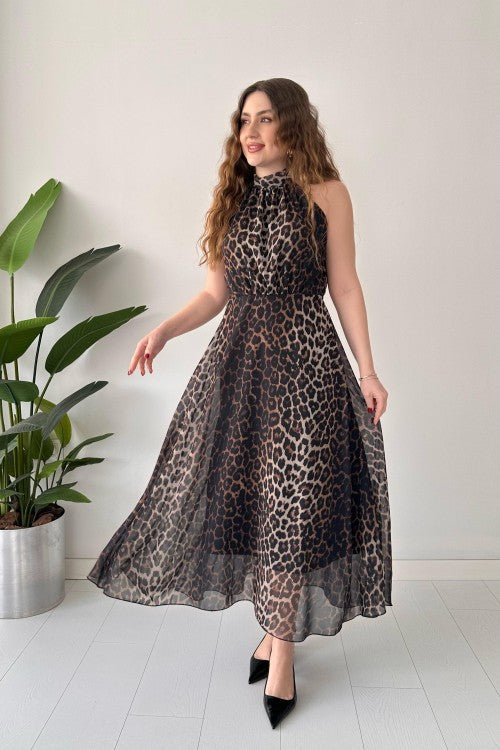 Robe dos nu en mousseline léopard noire