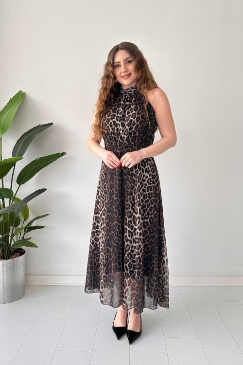 Robe dos nu en mousseline léopard noire