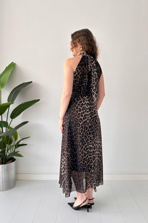 Robe dos nu en mousseline léopard noire