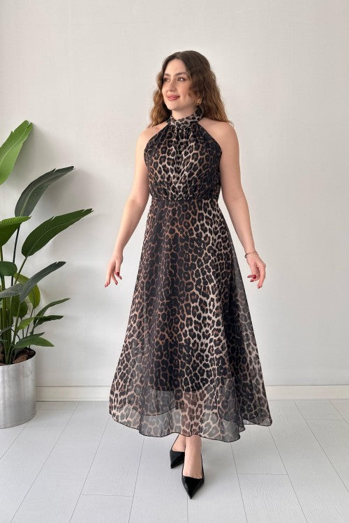 Robe dos nu en mousseline léopard noire