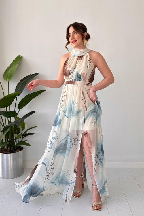 Robe licou marbrée bleue