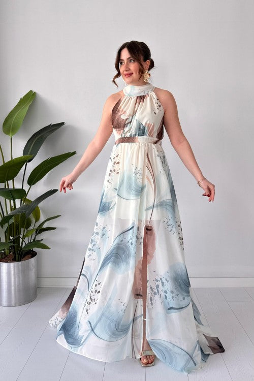 Robe licou marbrée bleue
