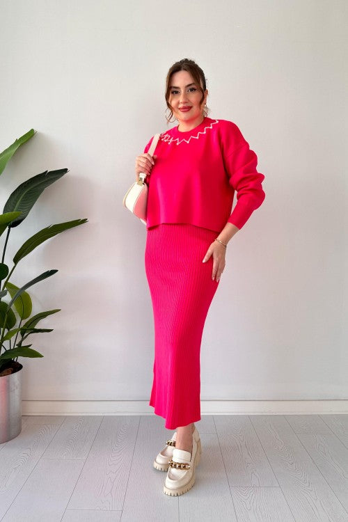 Ensemble robe pull à col perlé rose