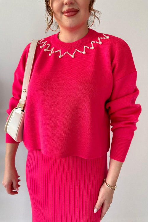 Ensemble robe pull à col perlé rose