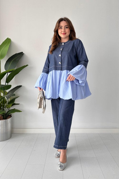 Costume en jean à boutons cœur bleu marine