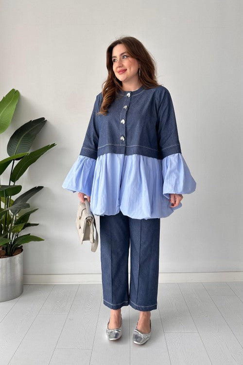 Costume en jean à boutons cœur bleu marine