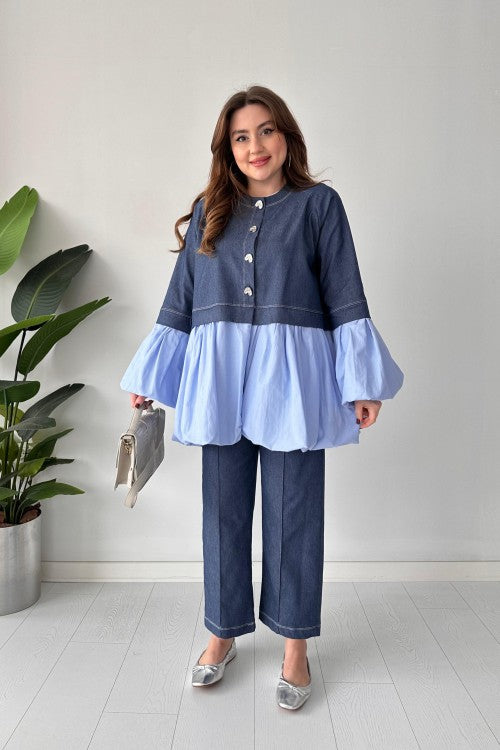 Costume en jean à boutons cœur bleu marine