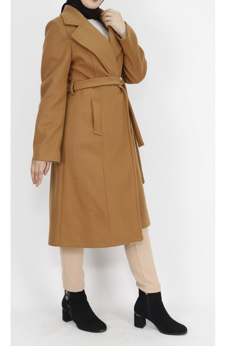 Manteau Tissu Estampé à Nouer à La Taille 11019-02 Tan 11019-02